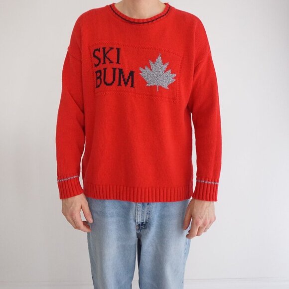 Vintage '90S Parkhurst Weekend Red Ski Bum 100% Cotton Knit Crewneck Sweater L - Picture 1 of 10